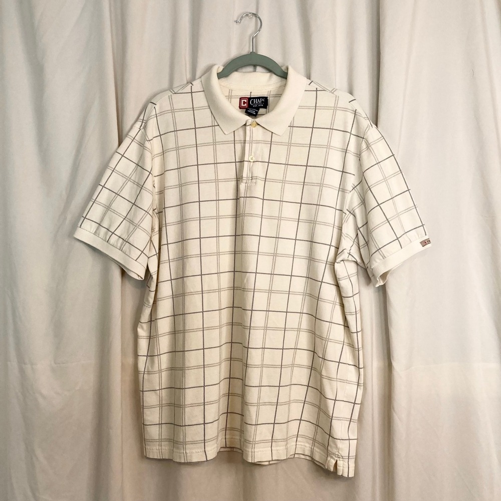 VTG 90s Chaps Polo Shirt Cream Navy Windowpane Grid 100% Cotton XL Dadcore Golf